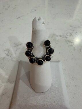 Sterling Silver Black Onyx Horseshoe Ring - Adjustable
